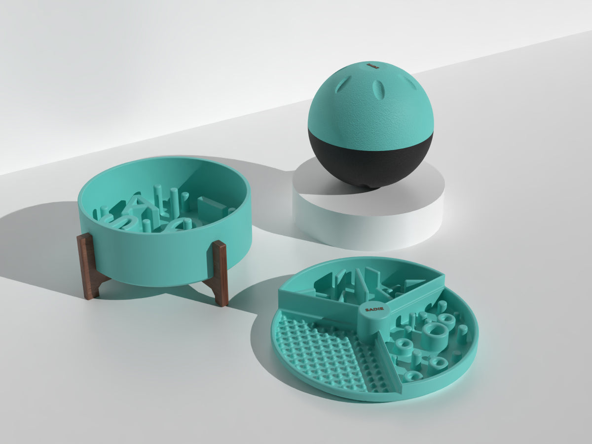 Teal and black pet toys on a white surface