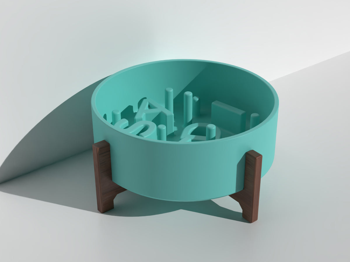 Turquoise pet bowl with wooden base on a light gray background